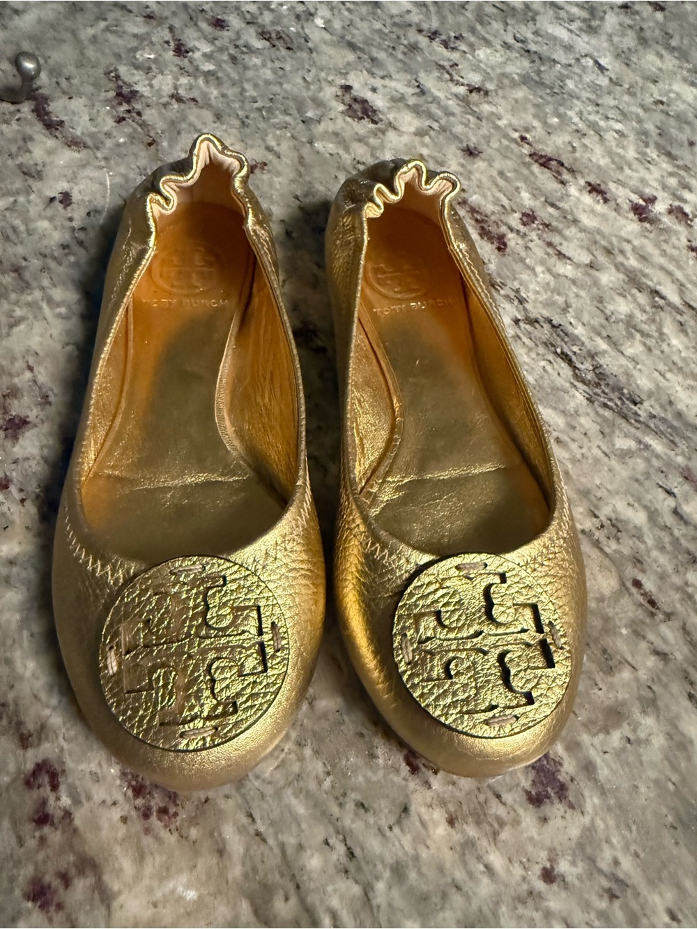 Tory Burch Metallic Gold Logo Leather Ballet Flats